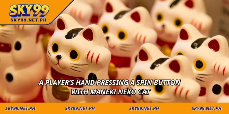 A player’s hand pressing a spin button with Maneki Neko cat