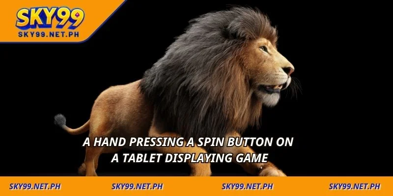 A hand pressing a spin button on a tablet displaying game
