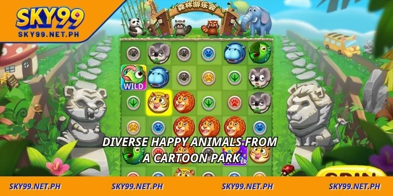 Diverse happy animals from a cartoon park