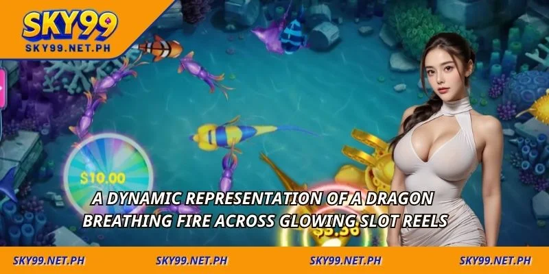 A dynamic representation of a dragon breathing fire across glowing slot reels